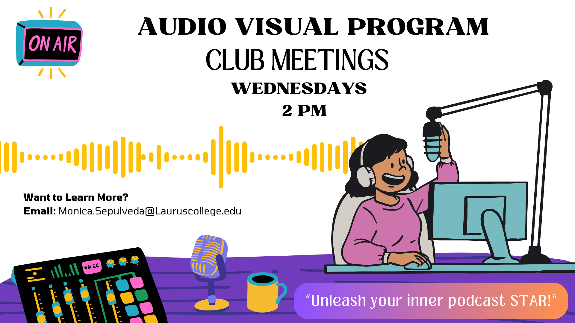 Join us Wednesdays at 2 PM for the AVP Club. Explore audio, video, and podcasts! https://laurus.adobeconnect.com/avclub